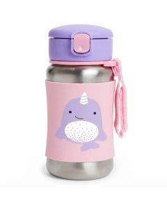 Skip Hop Zoo Narwhal Stainless Steel Straw Bottle 12+ Months 350ml, No-slip Silicone Sleeve, Flexible Straw Flips Down To Stay Clean - Multicolour