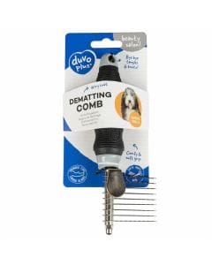 Duvo+ Dematting Comb with 9 Short Blades, Grooming Tool for Cats & Dogs with Thick, Long or Wiry Coats, Ergonomic TPR Handle - Black/Grey