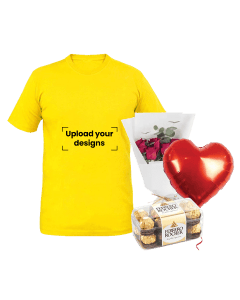 Yellow T-Shirt Bundle (Personalized Grey T-Shirt, Flowers, Balloon & Chocolate)