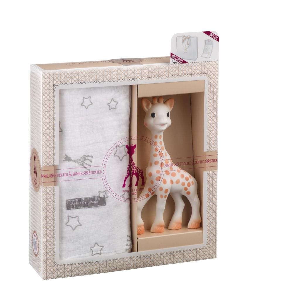 Sophie La Girafe Giraffe Teether And Swaddle Tenderness Gift Set 120x120cm 0+ Monthss, Ergonomic And Easy To Grip, Sophisticated Composition 2 - Multicolour