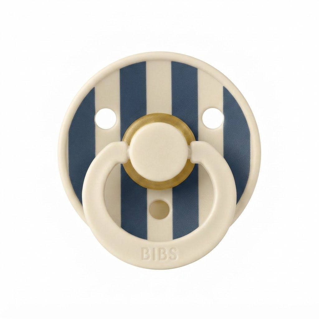 BIBS Pin Studio Colour Latex Round Pacifier Size 2 6+ Months 2 Pack, Ergonomic Shield Design, BPA-Free And Safe Materials - Ivory Steel Blue Mix