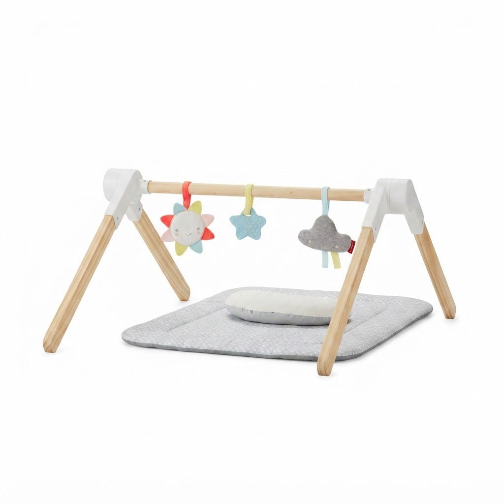 Skip Hop Silver Lining Cloud Wooden Activity Gym, Adjustable Wooden Frame, 3 Hanging Toys Include - Multicolour