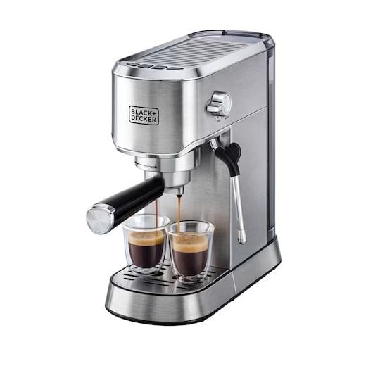 Black + Decker Espresso Coffee Machine - 1450W, 15-Bar Pressure, Milk Frother, Thermoblock Heating, 1.0L Tank | Silver | ECM150-B5