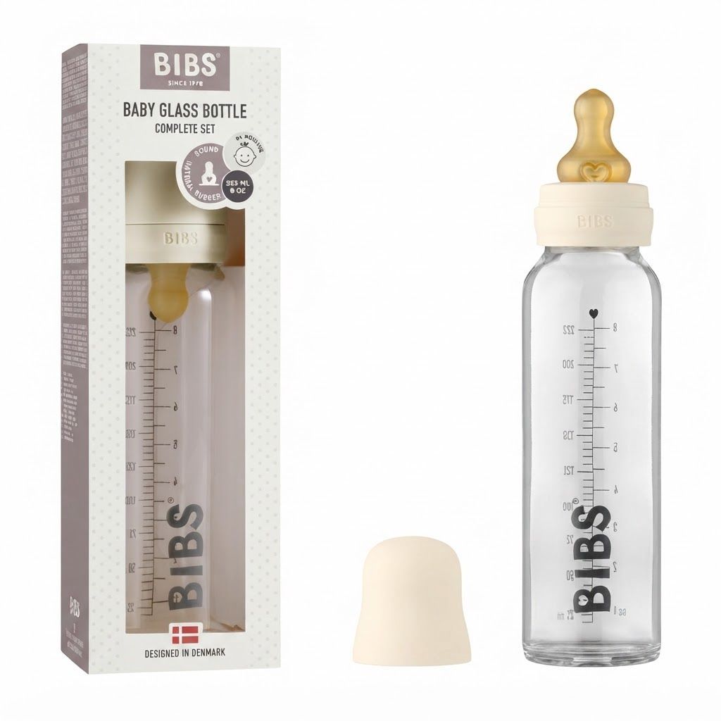 BIBS Baby Glass Bottle With Complete Set 0+ Months 225ml, Ergonomic And Practical Design, Ensures Long-Lasting Use, Slow-Flow Nipple - Ivory