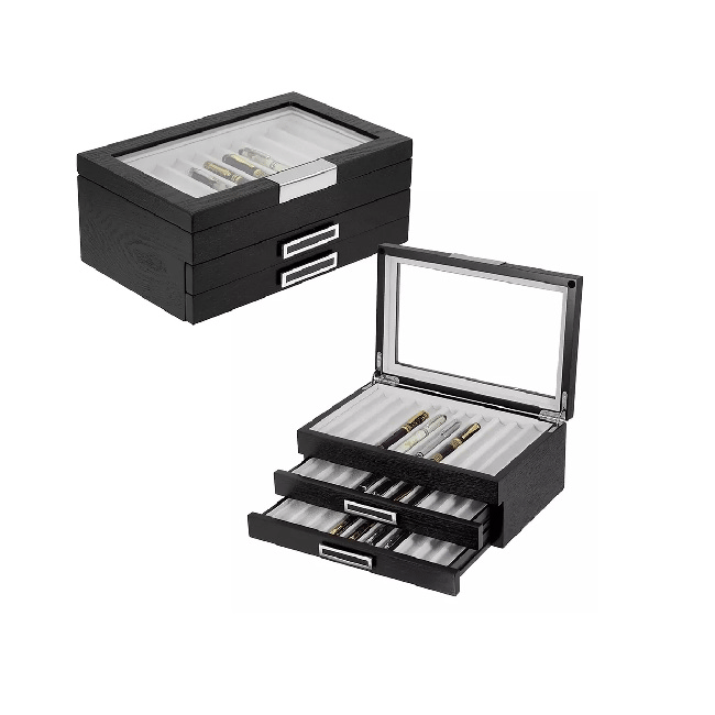 Luxury Signature Wooden Pen Box for 30 Pens, MDF with Veneer Finish, Ivory Velvet Lining - Black 