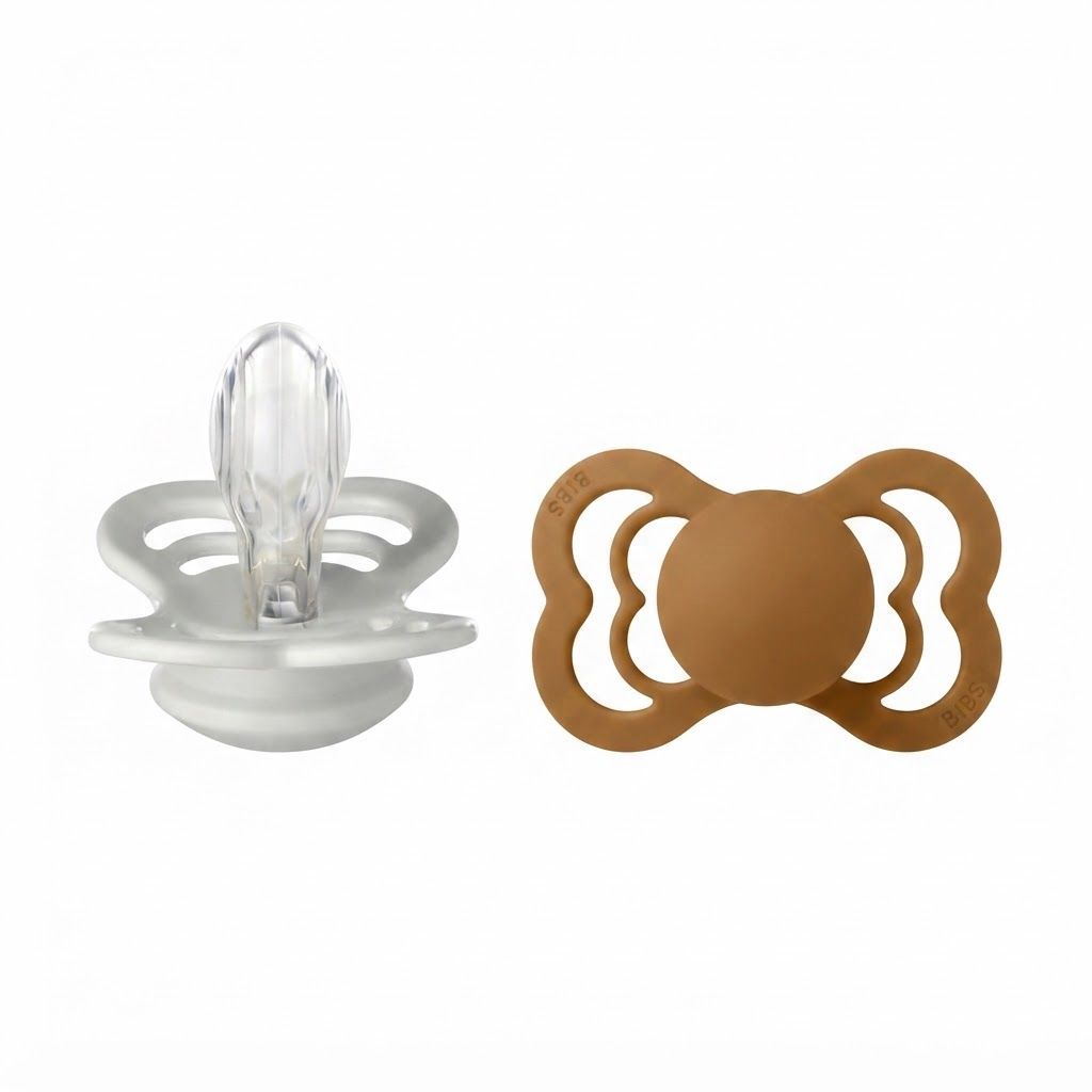 BIBS Supreme Pacifiers Size 2 6+ Months 2 Pack, Natural Rubber Latex Or Silicone, Generous Ventilation Openings - Haze/Caramel