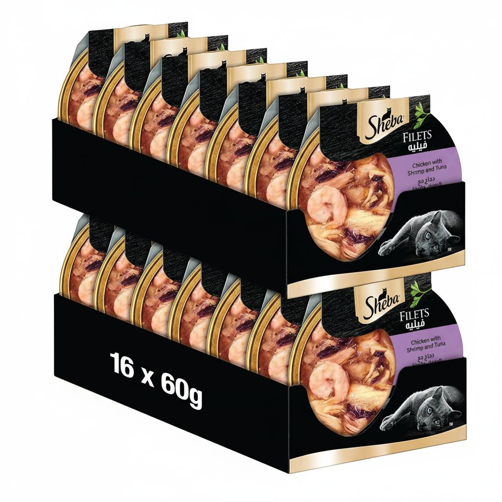 Sheba Cat Food with Chicken, Shrimp & Tuna - Nutrient-Rich 16x60g Packs