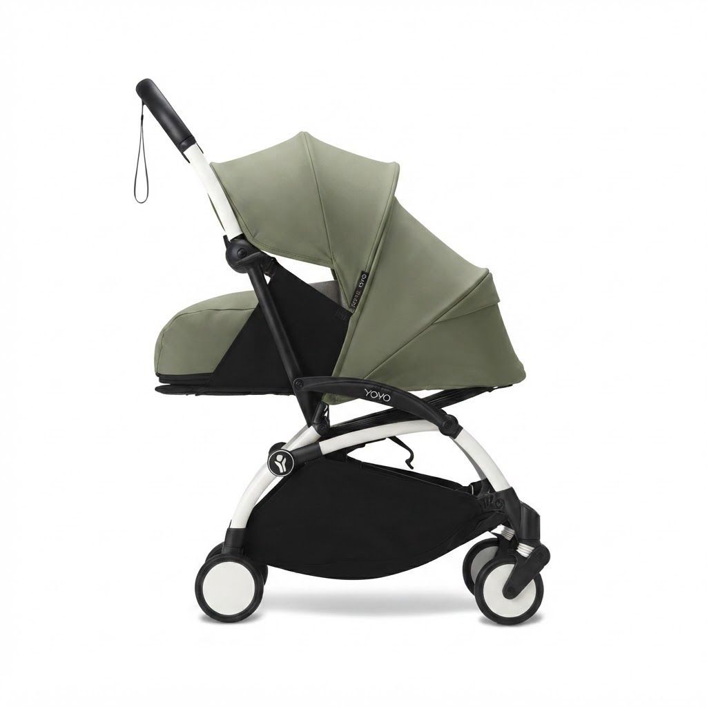 Stokke YOYO3 Newborn Stroller Pack & White Frame, Olive - Travel-Friendly Compact Pram for Infants, Premium System that Lets Your Newborn Lie Flat in a Secure, Cozy Nest