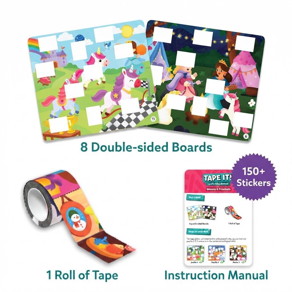 Skillmatics Tape It Unicorn & Princess Sticker Puzzles, 16 Interactive Picture Puzzles for Kids, Multicolour