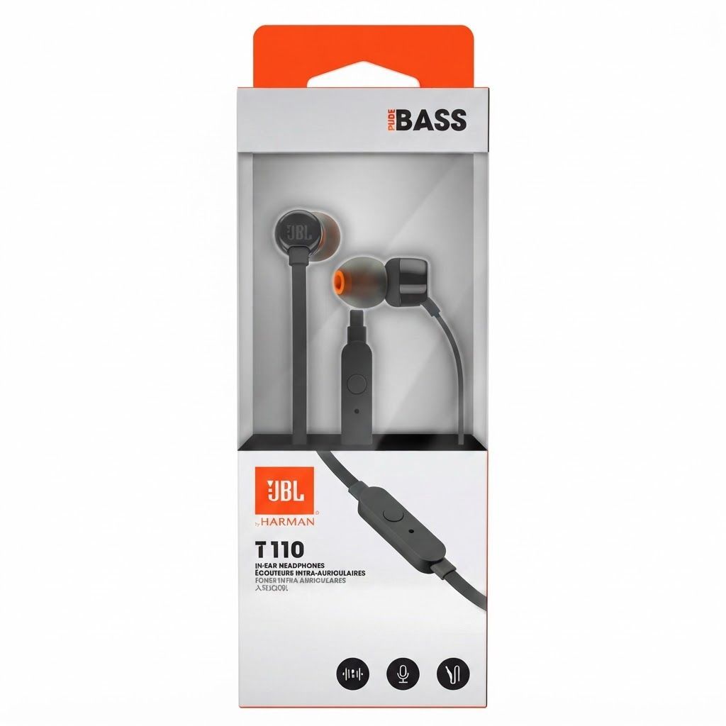 JBL Tune 110 Wired In-Ear Headphones, JBL Pure Bass Sound, 1-Button Remote & Mic, Tangle-Free Flat Cable | Black - JBLT110BLK