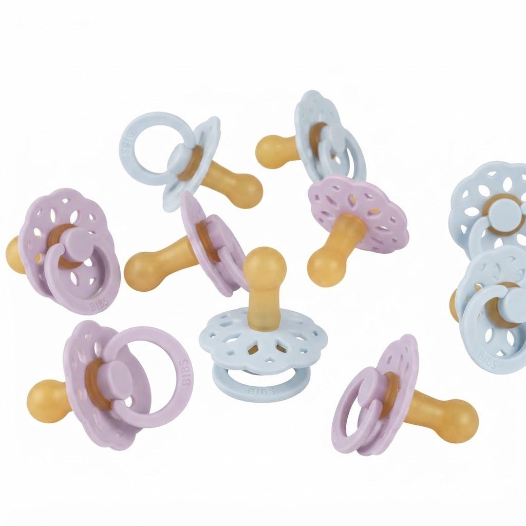 BIBS Boheme Pacifier Size 2 6+ Months 2 Pack, Natural Rubber Latex Nipple, Gentle And Skin-Friendly Shield Design - Vanilla/Candy Apple
