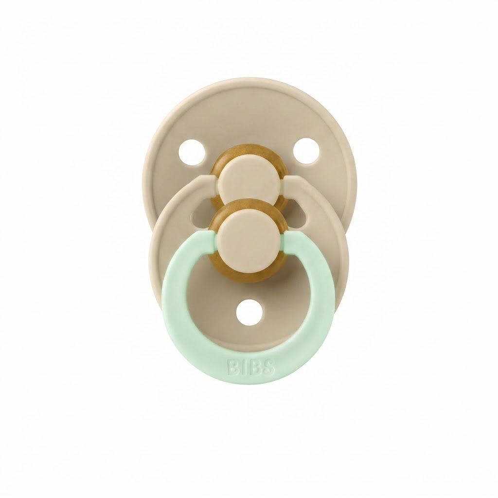BIBS Latex Colour Round Pacifier Size 2 6+ Months 2 Pack, Customized Comfort, Skin-Like Softness, Flexible And Durable - Vanilla Glow/Dark Oak Glow