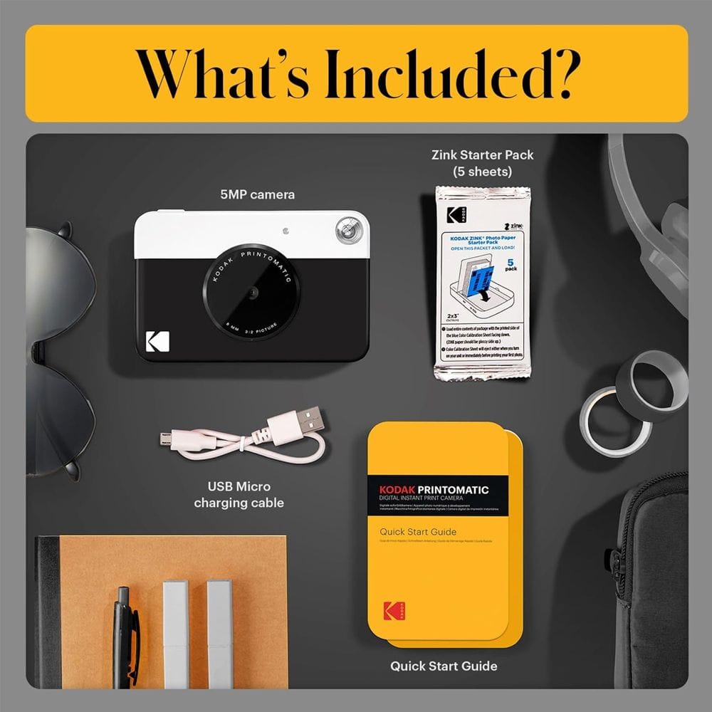 Kodak Printomatic Instant Print Camera, 5MP Sensor, Wide-Angle f/2 Lens, Instant 2x3-Inch ZINK Photo Printing, Auto Flash & MicroSD Support | Black - 840102197754