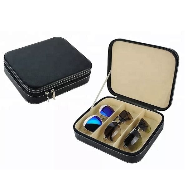 Luxury Signature Leather Sunglasses Box, Large PU Leather Storage Case, Soft Velvet Lining, 3 Slot Eyewear Organizer, Premium Protective Display Box | Black