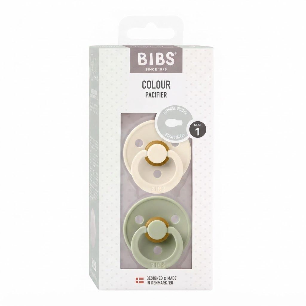 BIBS Latex Round Pacifier 0-6 Months Size 1 2 Pack, Vents For Air Circulation, Round Nipple Shape, Lightweight And Timeless Design - Ivory/Sage