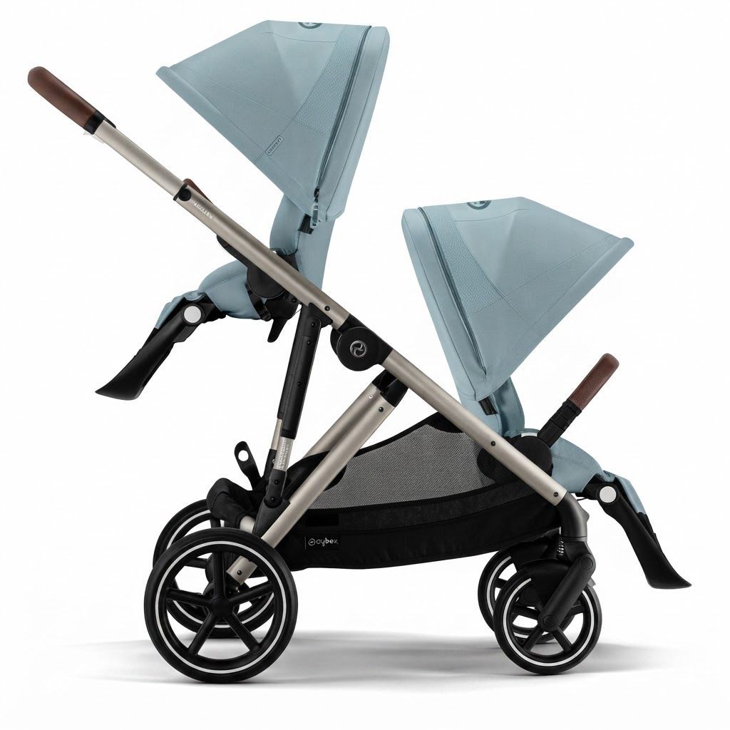 Cybex Gazelle S Convertible Double Stroller, Stormy Blue Fabric, Taupe Frame - Over 20 Configurations, Adapts from One Child to Two, Stylish and Practical Design
