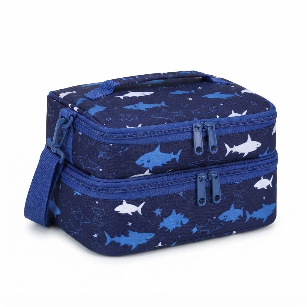 VASCHY Insulated Lunch Box for Kids - Shark Ocean Double Compartment Cooler Bag with Strap