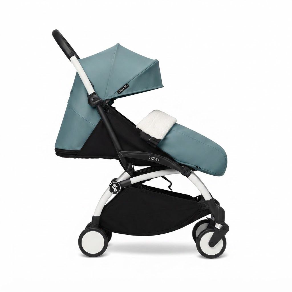 Stokke YOYO3 Newborn Stroller Pack 0+ with White Frame, Mattress & Canopy, Aqua - Ultra-Compact Travel System Allowing Newborns to Lie Completely Flat and Secure