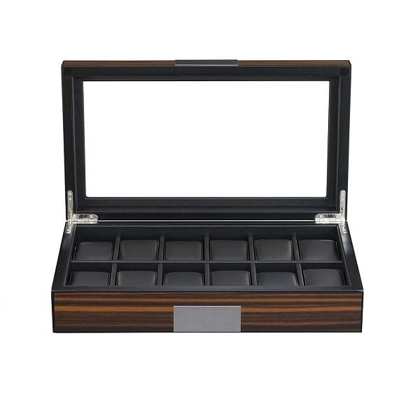 Luxury Signature Wooden Watch Box for 12 Watches, MDF Case with PU Leather Lining, Clear Glass Display Lid, Ebony Matte Finish
