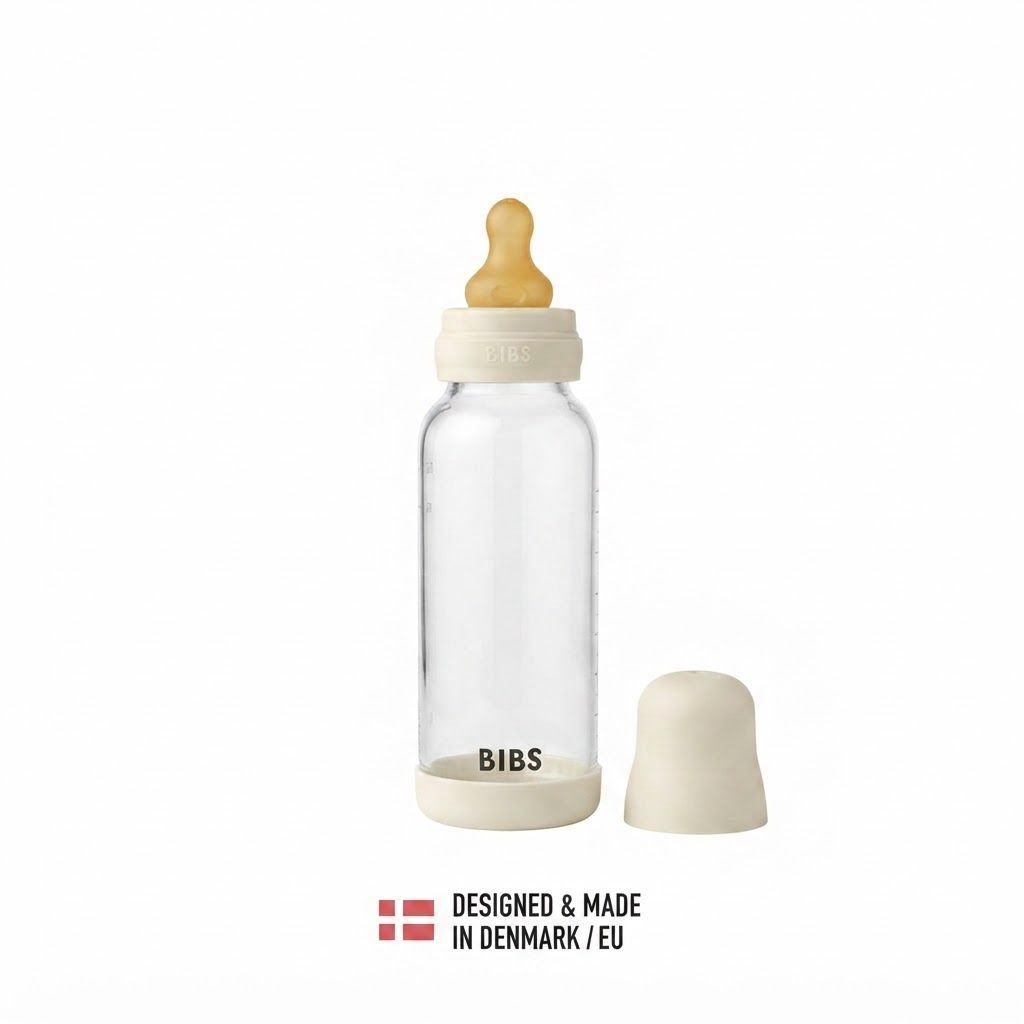 BIBS Round Latex Medium Flow Glass Baby Bottle 240ml, Natural Rubber Latex Nipple, BPA And PVC Free, Flow Controlled Feeding - Blush