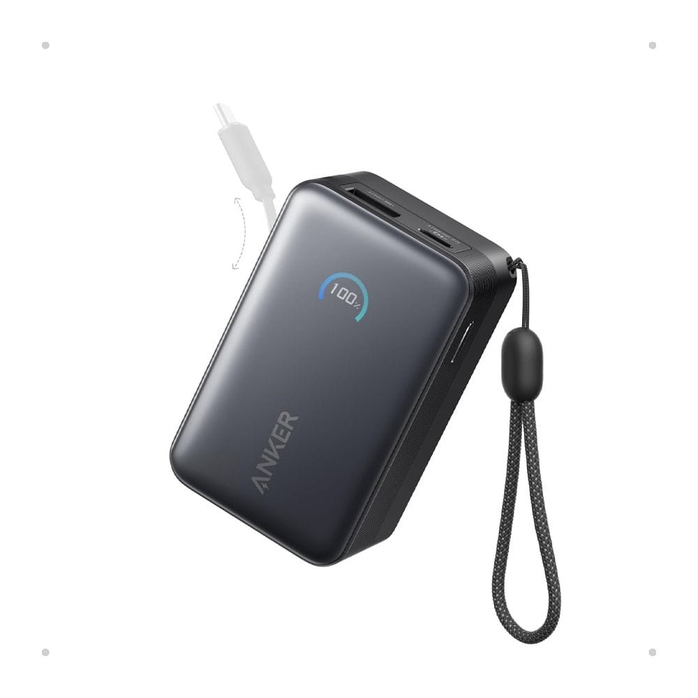 أنكر نانو بنك طاقة بسعة 10000 ملّي أمبير في الساعة وبقدرة 45 واط، مع كابل USB-C مدمج قابل للسحب، شحن سريع وتصميم محمول مدمج | أسود - A1638H11