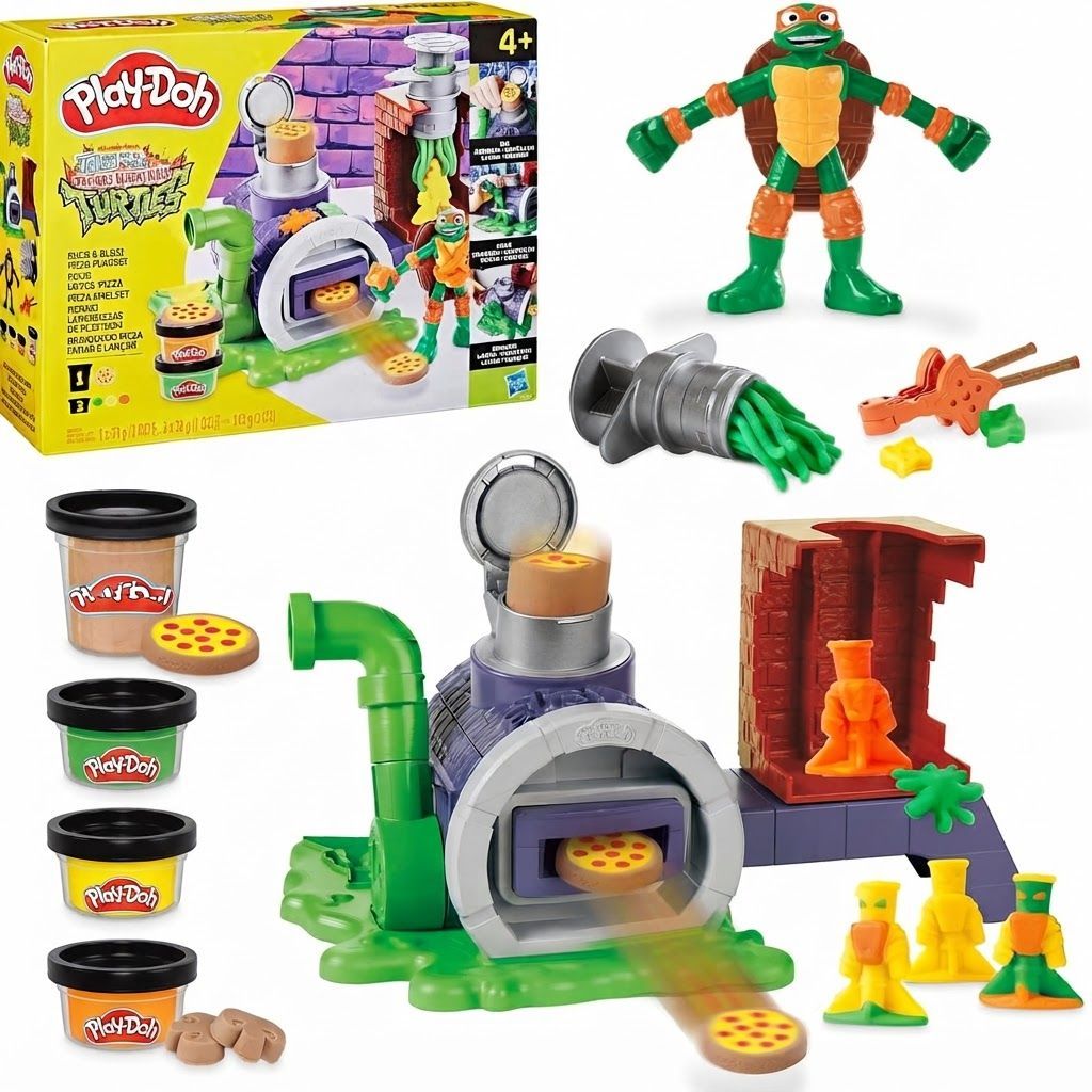 Play-Doh Teenage Mutant Ninja Turtles Slice & Blast Pizza Playset with Bendy 4-Inch Michelangelo  Non-toxic Modeling Compound