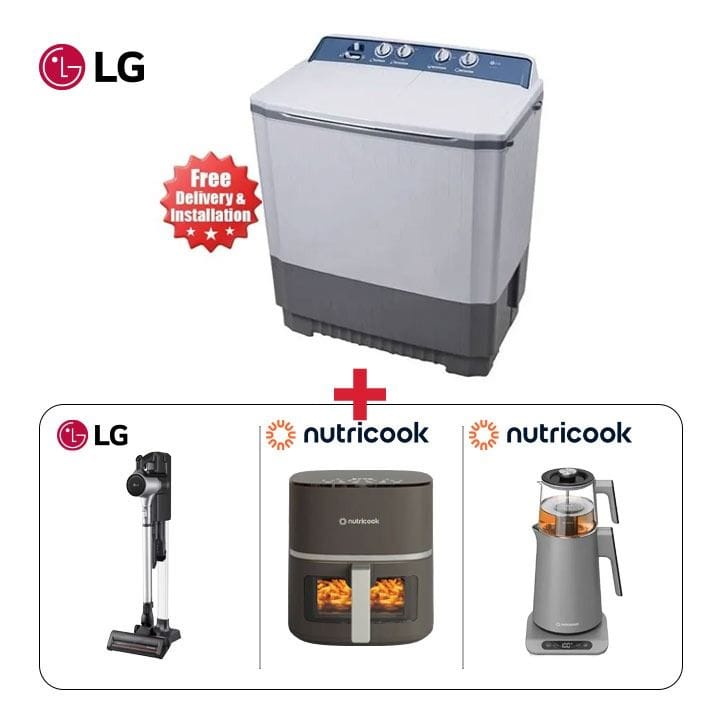 LG 12KG Twin Tub Washing Machine + Nutricook Air Fryer Essentials Vision Digital + LG Stick Vacuum Cleaner Fantasy Silver + Nutricook 2-in-1 Tea Maker - New Home Starter Bundle (101002000000128 + 301006000000062 + 101002000000715 +  301006000000122)