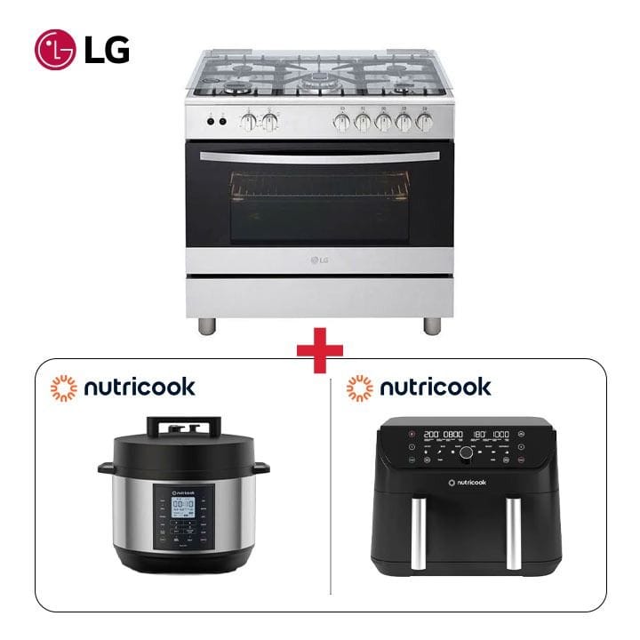 LG 90x60cm 5-Burner Full Gas Cooking Range + Nutricook Air Fryer Duo 2 FlexZone 8.5L + Nutricook Smart Pot 2 9.5L - Big Family Cooking Bundle (101002000000208 + 301006000000072 + 301006000000053)