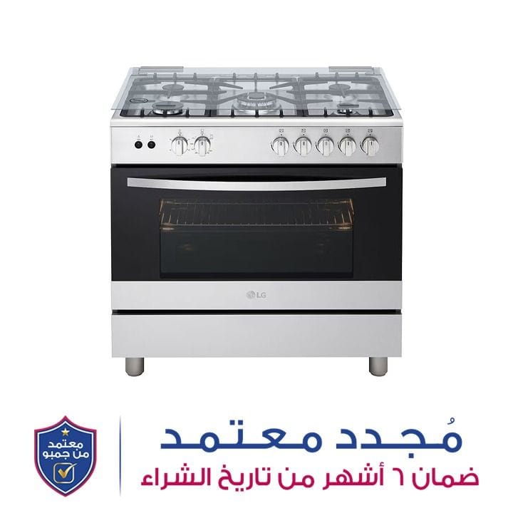 إل جي موقد غاز كامل 90x60 مع 5 شعلات، كامل الأمان، ستانلس ستيل مع قاعدة حديد ثقيلة وشواية دوارة | FA415RMA