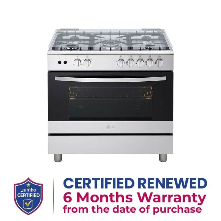 LG 90x60 5 Burner Full Gas Cooking Range Full Safety Stainless Steel Finish with Heavy Duty Cast Iron Trivet With Rotisserie | FA415RMA