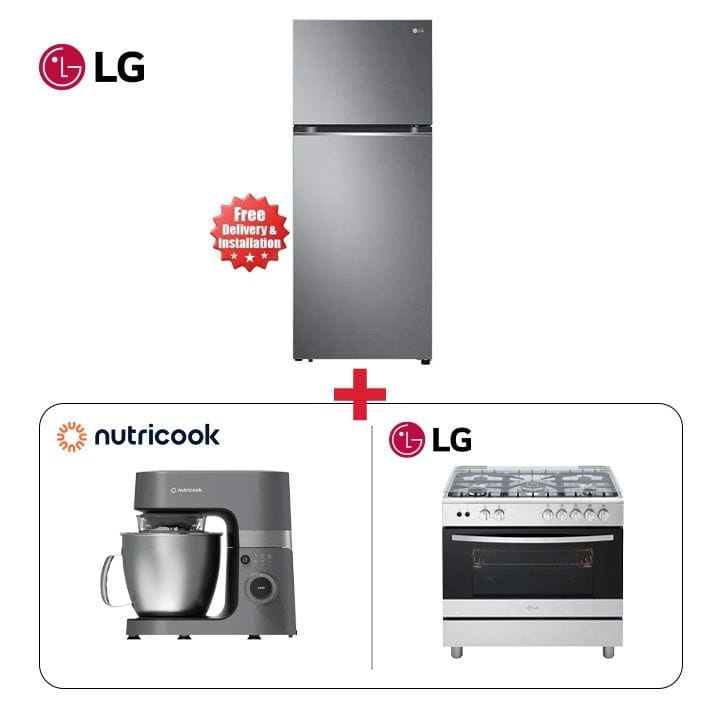 LG 90x60cm 5-Burner Full Gas Cooking Range + Nutricook Stand Mixer + LG 500L Dark Graphite Silver Refrigerator - Gourmet Kitchen Bundle (101002000000208 + 301006000000125 + 101002000000251)
