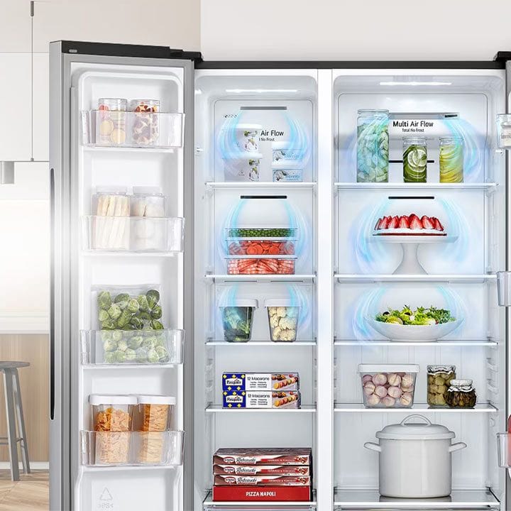 LG Side by Side Refrigerator, Total No Frost, Multi Air Flow, Touch LED Display, Smart Inverter Compressor, Tempered Glass - Silver - GRFB587PQAM