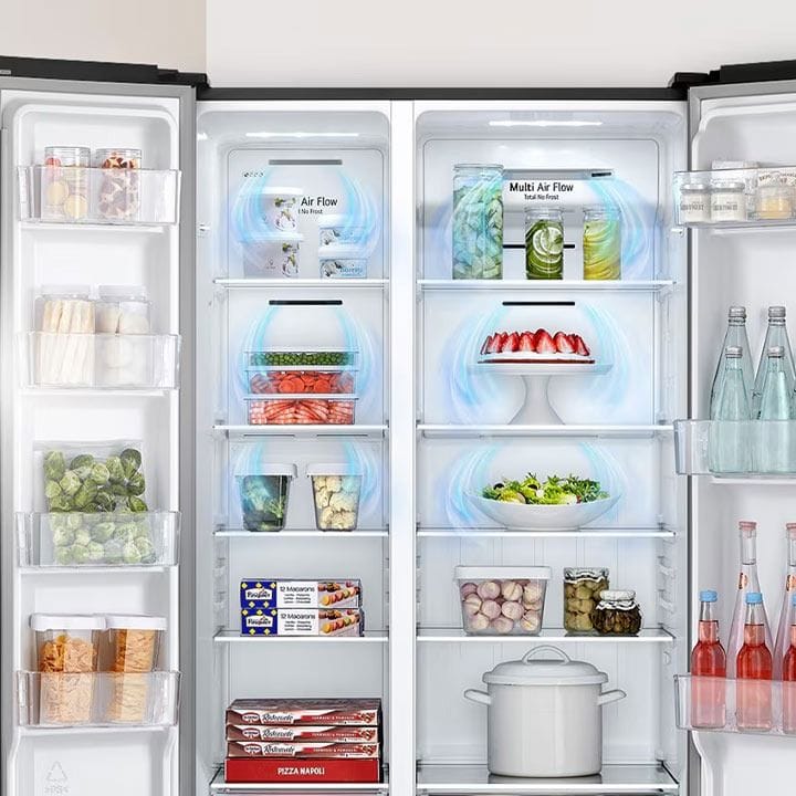 LG Side by Side Refrigerator, Total No Frost, Multi Air Flow, Touch LED Display, Smart Inverter Compressor, Tempered Glass - Silver - GRFB587PQAM