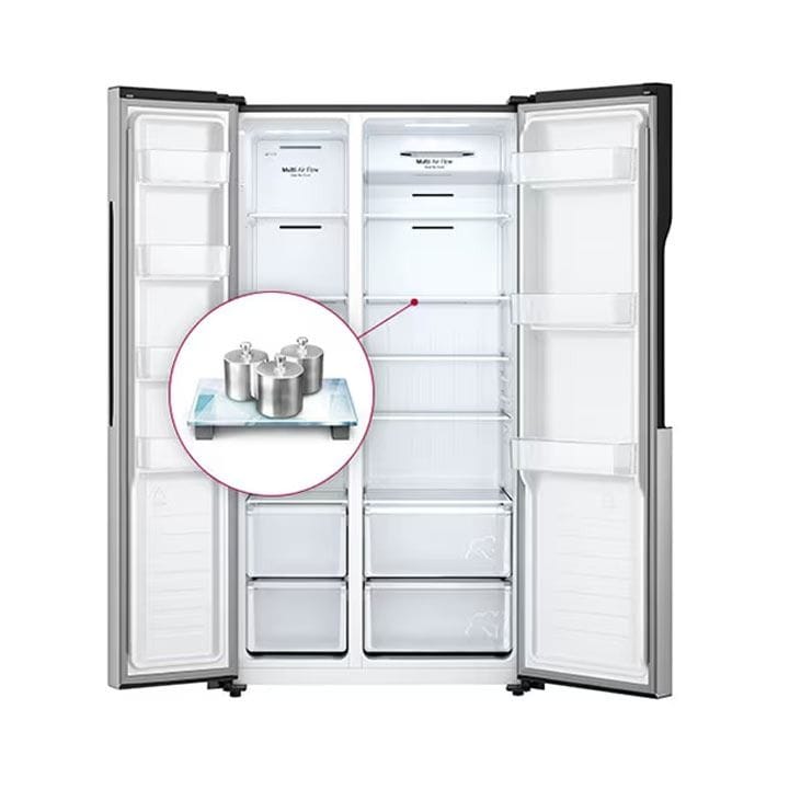 LG Side by Side Refrigerator, Total No Frost, Multi Air Flow, Touch LED Display, Smart Inverter Compressor, Tempered Glass - Silver - GRFB587PQAM