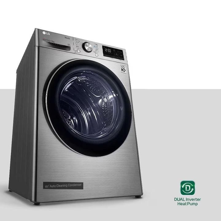 LG Dual Inverter Heat Pump Clothes Dryer 9Kg, Eco Hybrid™, Auto Cleaning Condenser, Shoe Rack, Low Ampere Cycle - Platinum Silver - RH90V5PVTN