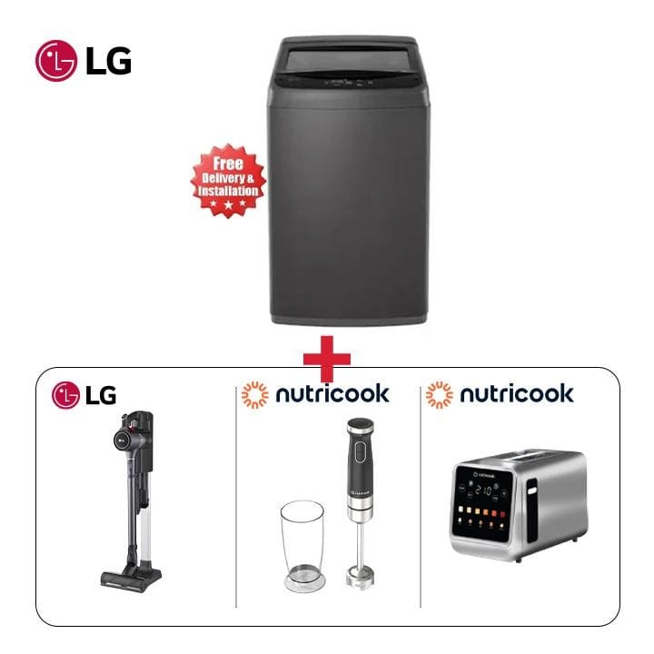 LG 9KG Top Load Washing Machine + LG Stick Vacuum Cleaner + Nutricook 1200W Hand Blender + Nutricook 2-Slice Digital Toaster - Home Refresh Bundle (101002000000729, 101002000000714, 301006000000124, 301006000000081)
