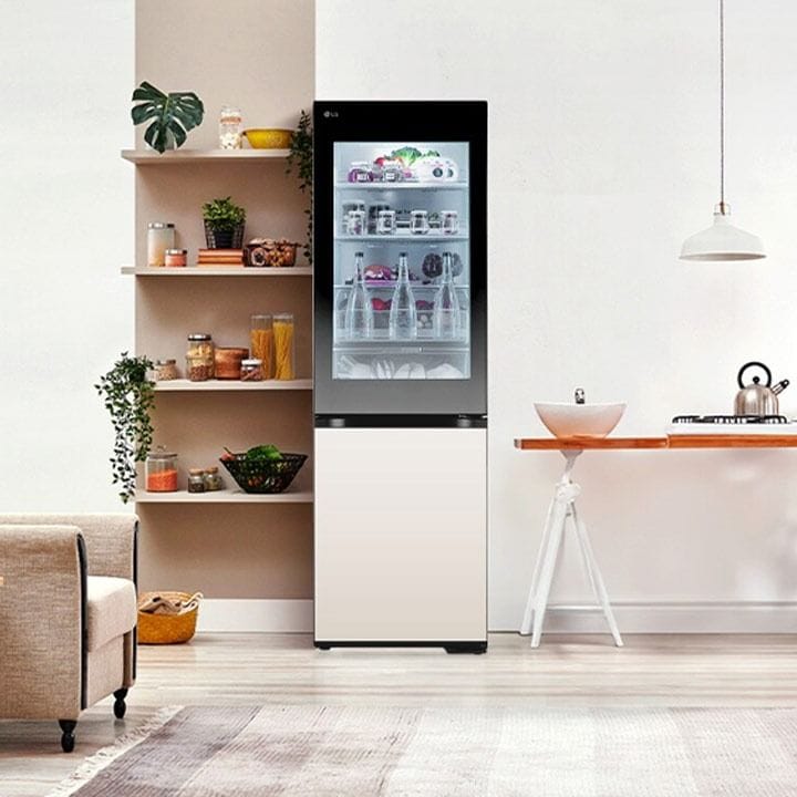 LG InstaView™ Bottom Freezer Refrigerator 349L, LINEAR Cooling, DoorCooling⁺™, FRESH Converter, Zero Clearance, Multi Air Flow - Beige/Black - GR-V479QGKW