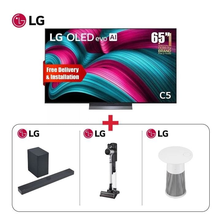 LG 65" OLED C5 4K Smart TV + LG SC9S 3.1.3ch Soundbar + LG Air Purifier + LG CordZero A9K Solo Stick Vacuum - LG Premium Living Bundle (101003000000555 + 101004000000199 +  101001000000243 + 101002000000715)