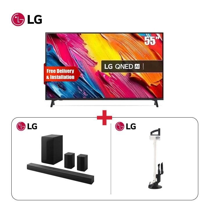 LG 55" QNED 4K Smart TV + LG 5.1 Channel 600W Soundbar + LG Stick Vacuum Cleaner Beige - Family Living Room Bundle (101003000000603 + 101004000000214 + 101002000000732)