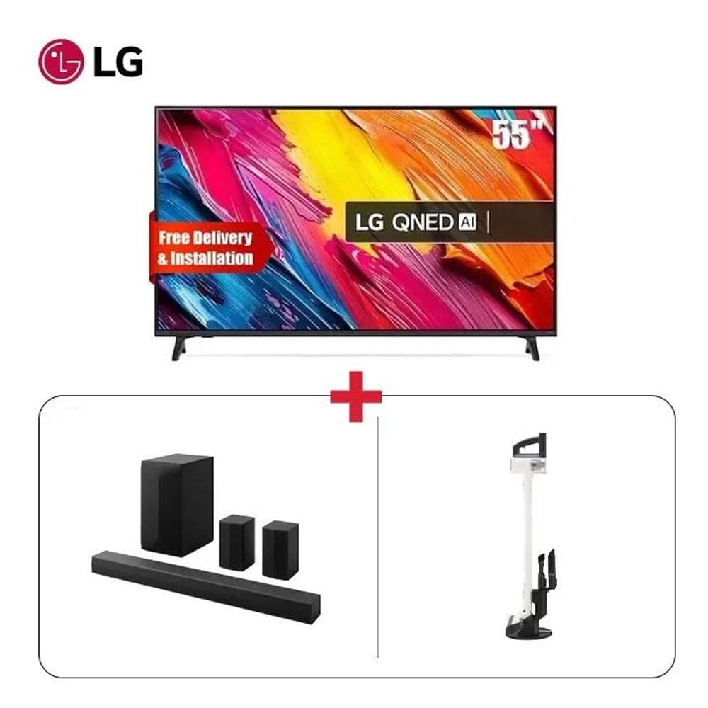 LG 55" QNED 4K Smart TV + LG 5.1 Channel 600W Soundbar + LG Stick Vacuum Cleaner Beige - Family Living Room Bundle (101003000000603 + 101004000000214 + 101002000000732)
