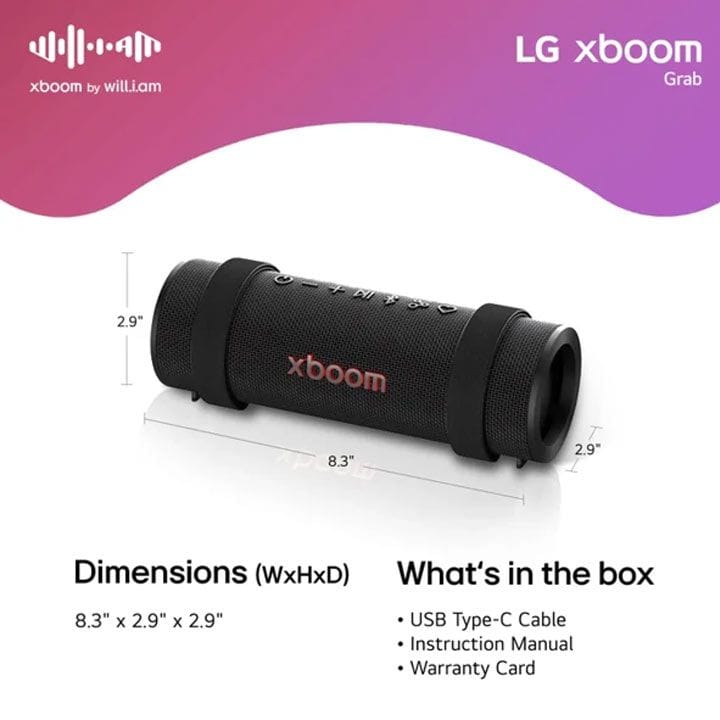 LG XBOOM Grab Bluetooth Speaker Signature Sound by Will.I.Am, IP67-Rated Water And Dust Resistance, 20 Hours Battery - Black