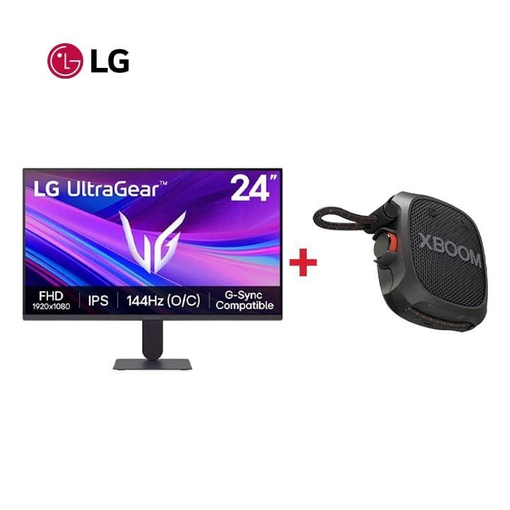 شاشة ألعاب آي بي إس مقاس 24 بوصة من إل جي + مكبر صوت محمول إكس بوم جو XG2T بتقنية بلوتوث من إل جي - باقة إعداد الألعاب من إل جي