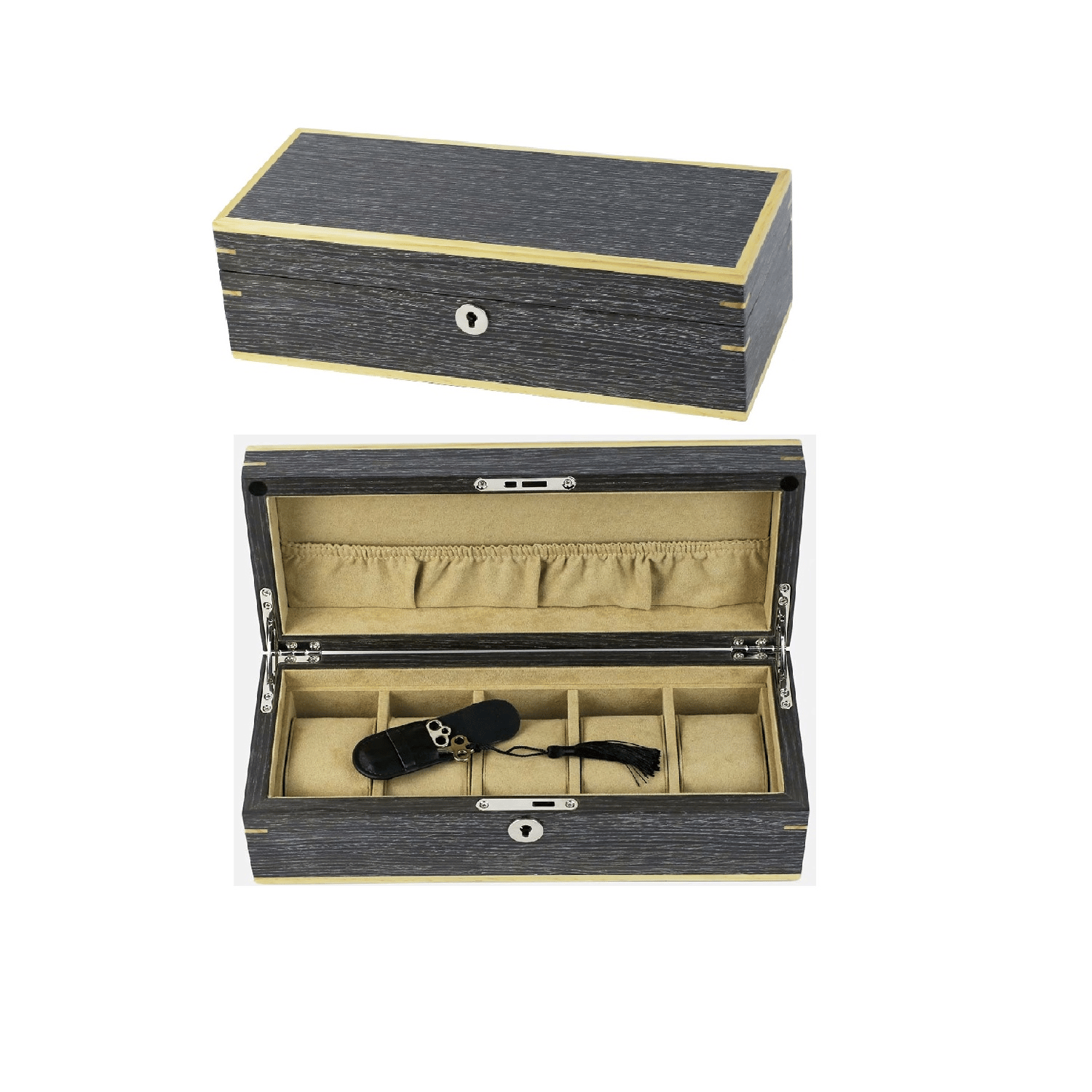 Luxury Signature 5 Slots Wooden Watch Box, MDF with Walnut Veneer, Ginko Finish, Matte Design, Ivory Velvet Lining, 305x125x95mm