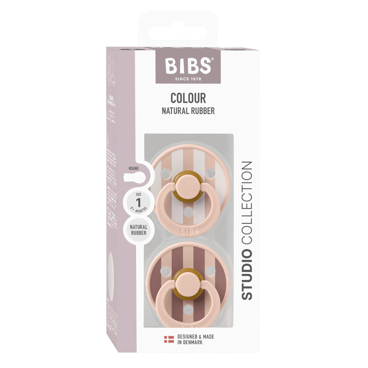 BIBS Block Latex Round Pacifier Studio Colour Size 1 0+ Months 2 Pack, Natural Rubber Nipple, Gentle Shield Design, BPA-Free - Blush Mix