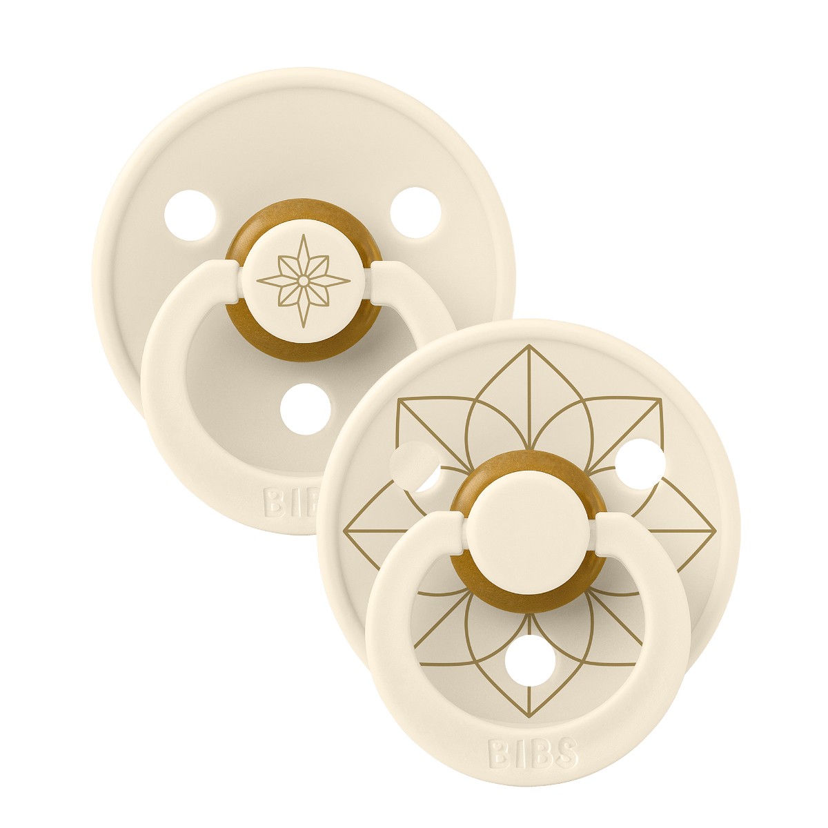 BIBS Noor Studio Colour Latex Round Pacifier Size 1 0+ Months 2 Pack, Ergonomic Shield Design, BPA-Free And Safe Materials - Ivory/Gold