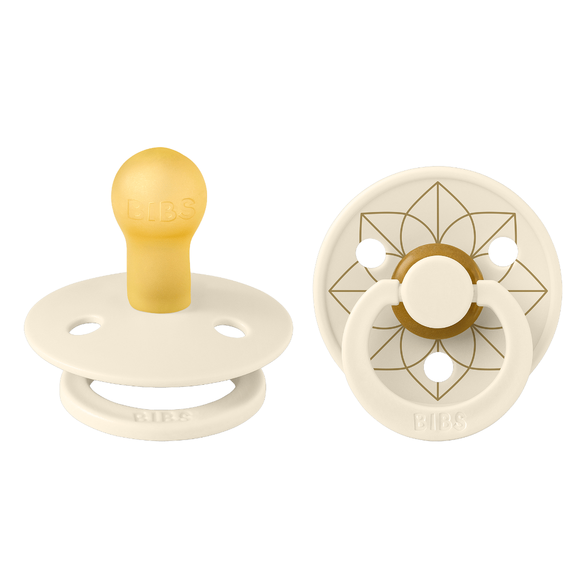 BIBS Noor Studio Colour Latex Round Pacifier Size 1 0+ Months 2 Pack, Ergonomic Shield Design, BPA-Free And Safe Materials - Ivory/Gold
