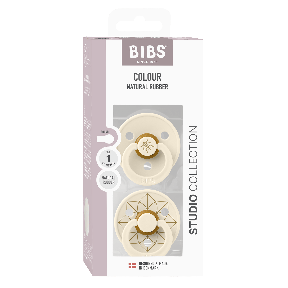 BIBS Noor Studio Colour Latex Round Pacifier Size 1 0+ Months 2 Pack, Ergonomic Shield Design, BPA-Free And Safe Materials - Ivory/Gold
