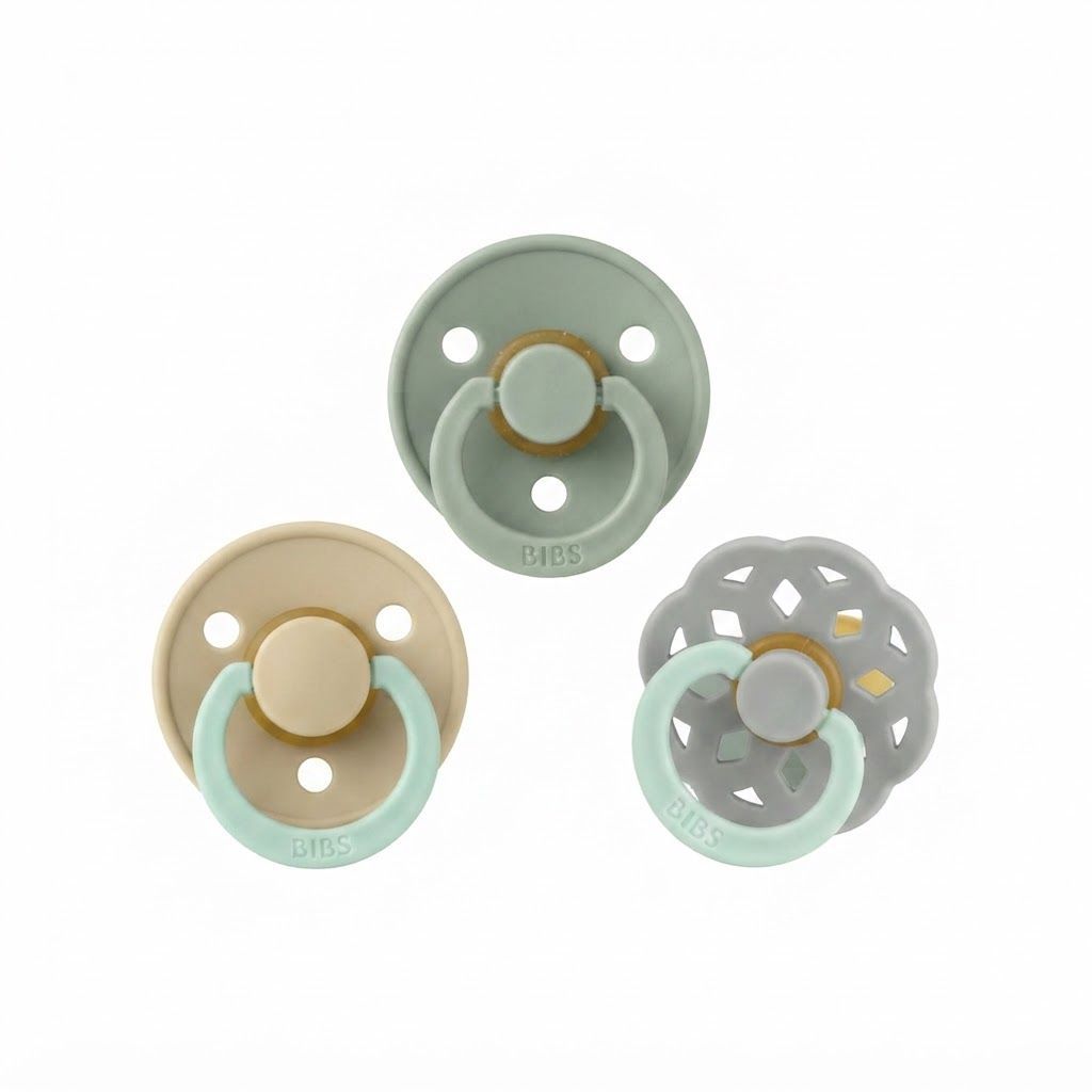 BIBS Latex Round Pacifier 0-6 Months Size 1 2 Pack, Vents For Air Circulation, Round Nipple Shape, Lightweight And Timeless Design - Sage Glow/Cloud Glow