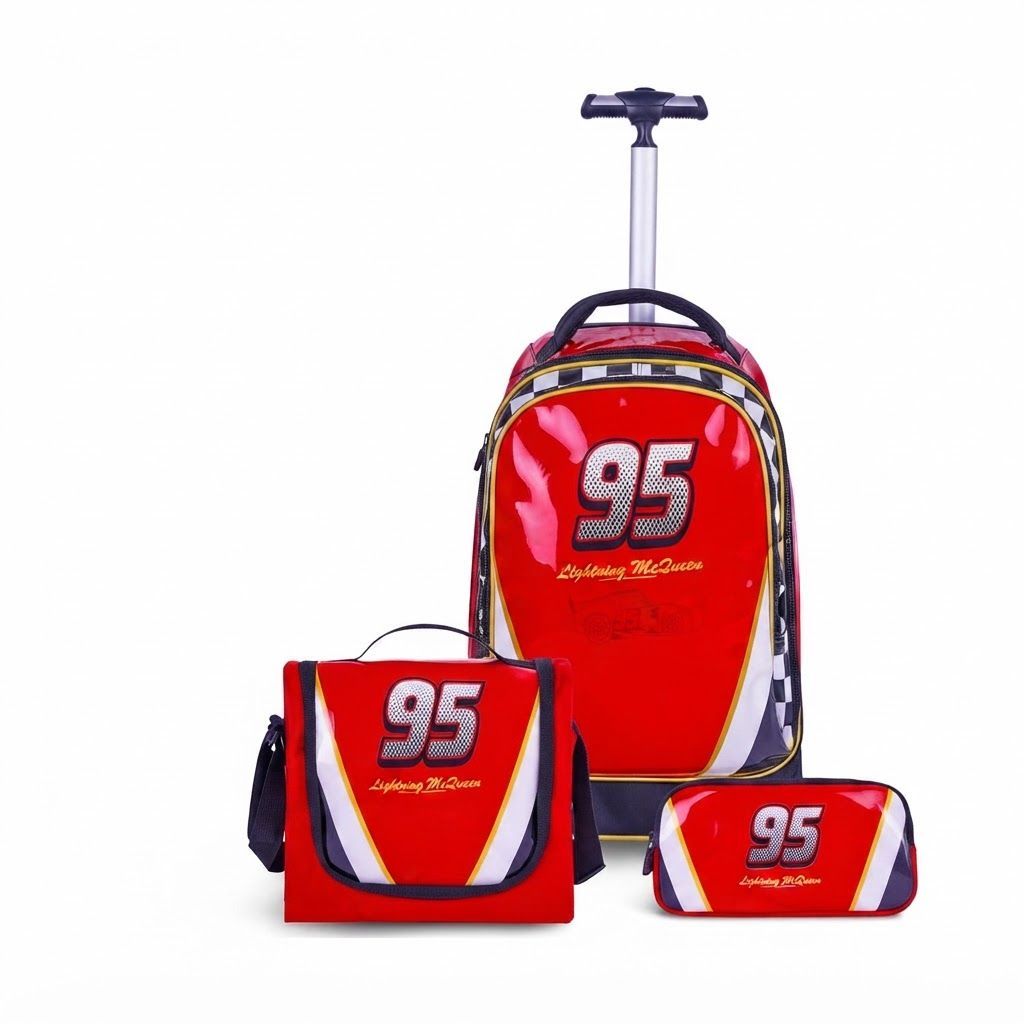 TRUCARE Disney Cars 3-in-1 Kids Trolley School Bag Set - Premium Ergonomic Rolling Backpack,