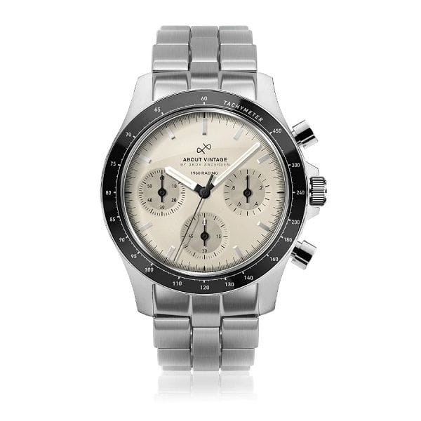 About Vintage 1960 Racing Chronograph Watch, 40mm Stainless Steel Case, Off White Dial, Miyota 6S20 Quartz Movement